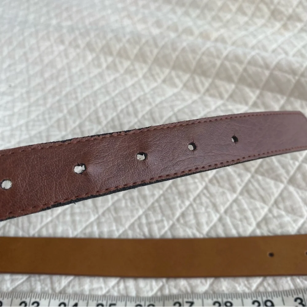 Bundle of 2 Brown Faux Leather Belts Silver & Gold Tone Buckles, 30-33” Waist